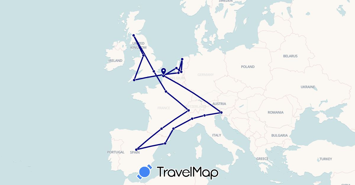 TravelMap itinerary: driving in Belgium, Switzerland, Spain, France, United Kingdom, Italy, Netherlands, Slovenia (Europe)
